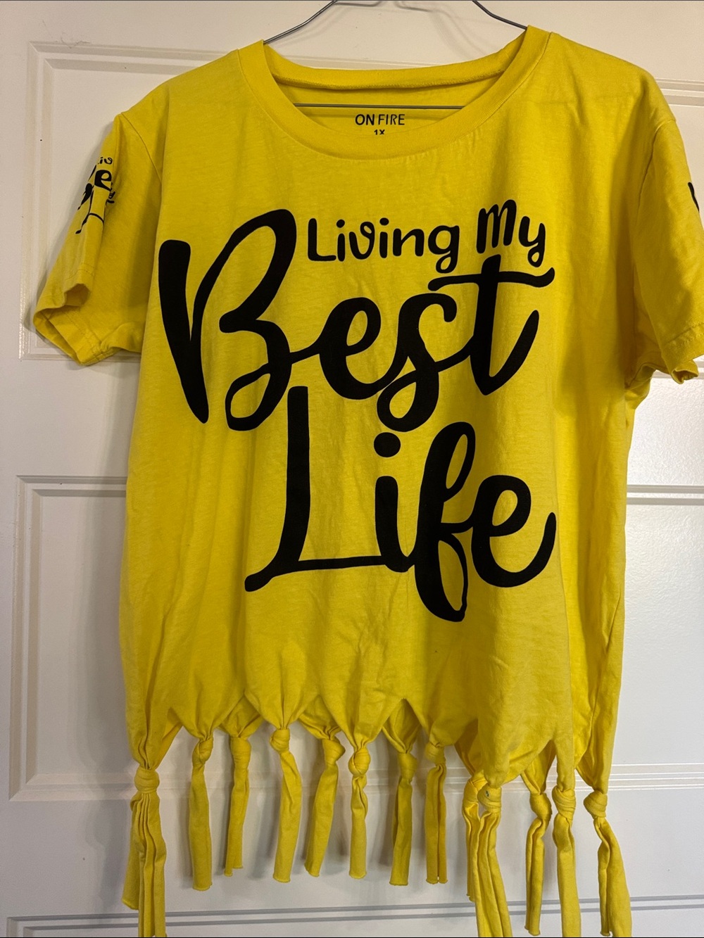 On Fire Yellow Tee with Black "Living My Best Life" Script and Knotted Fringe